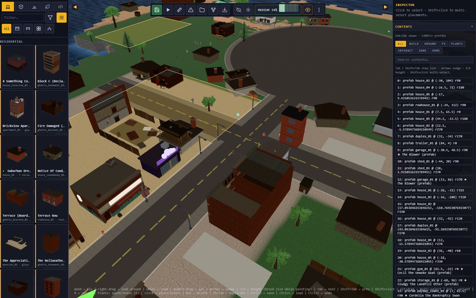 The Map Editor with the building palette open on the left, a residential street in the viewport, and the contents list on the right