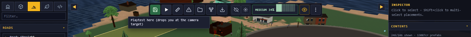 The editor toolbar, with the Playtest button hovered and its tooltip showing